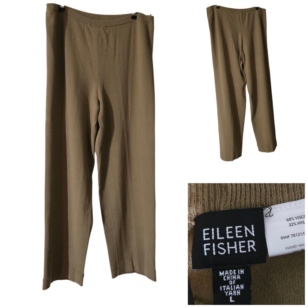 Eileen Fisher Italian Yarn Knit Pants Large Olive Khaki Straight Leg Pull On